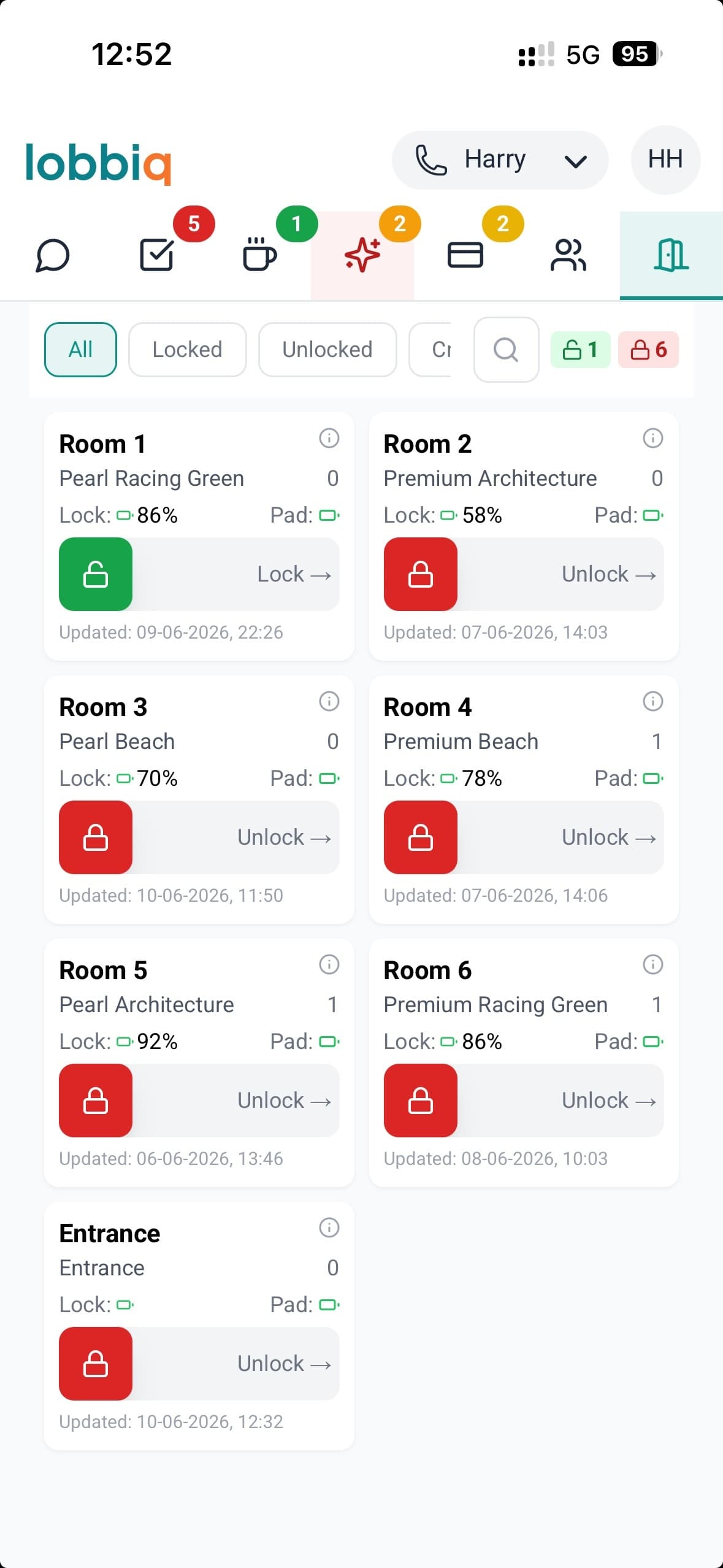 Lobbiq mobile admin showing smart lock management and door access codes