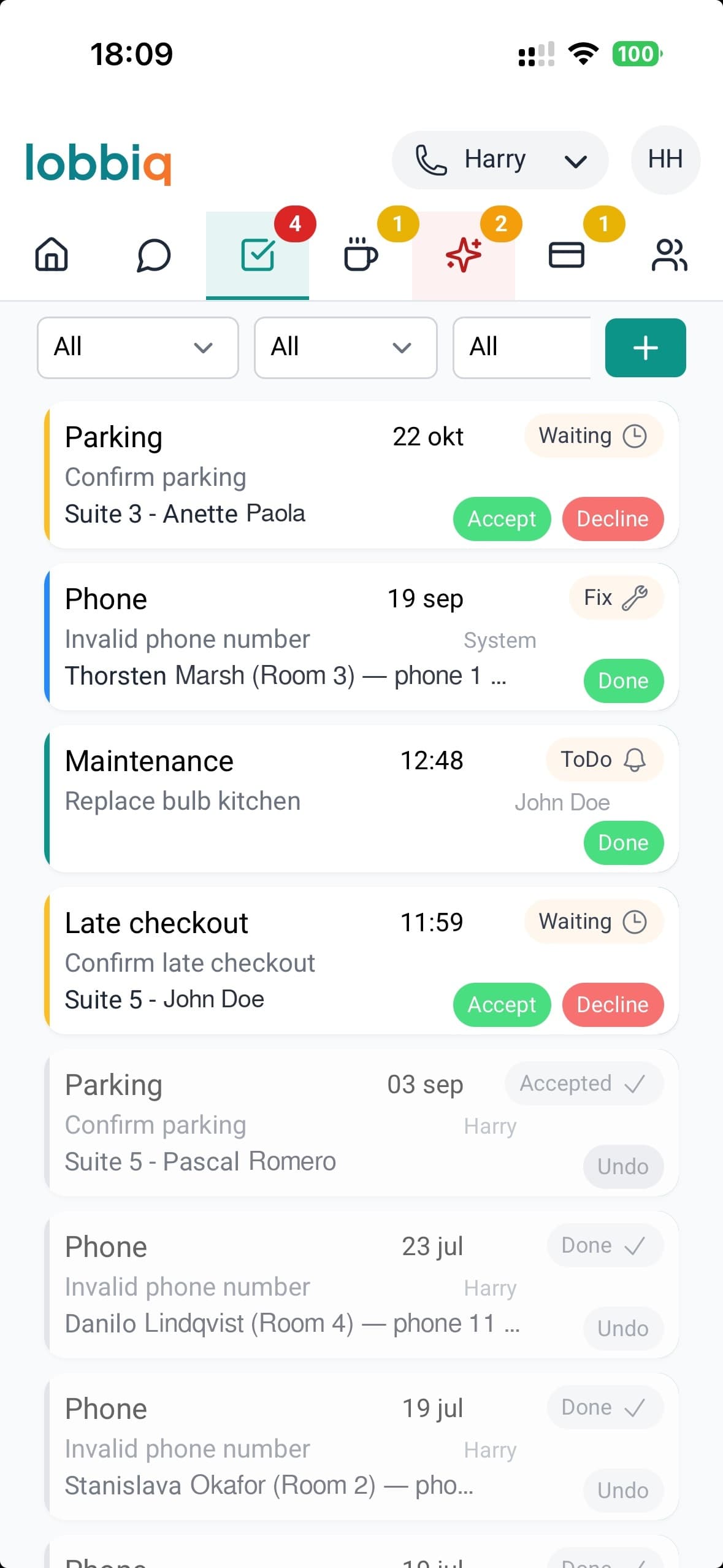 The same task list on a phone, as cards.