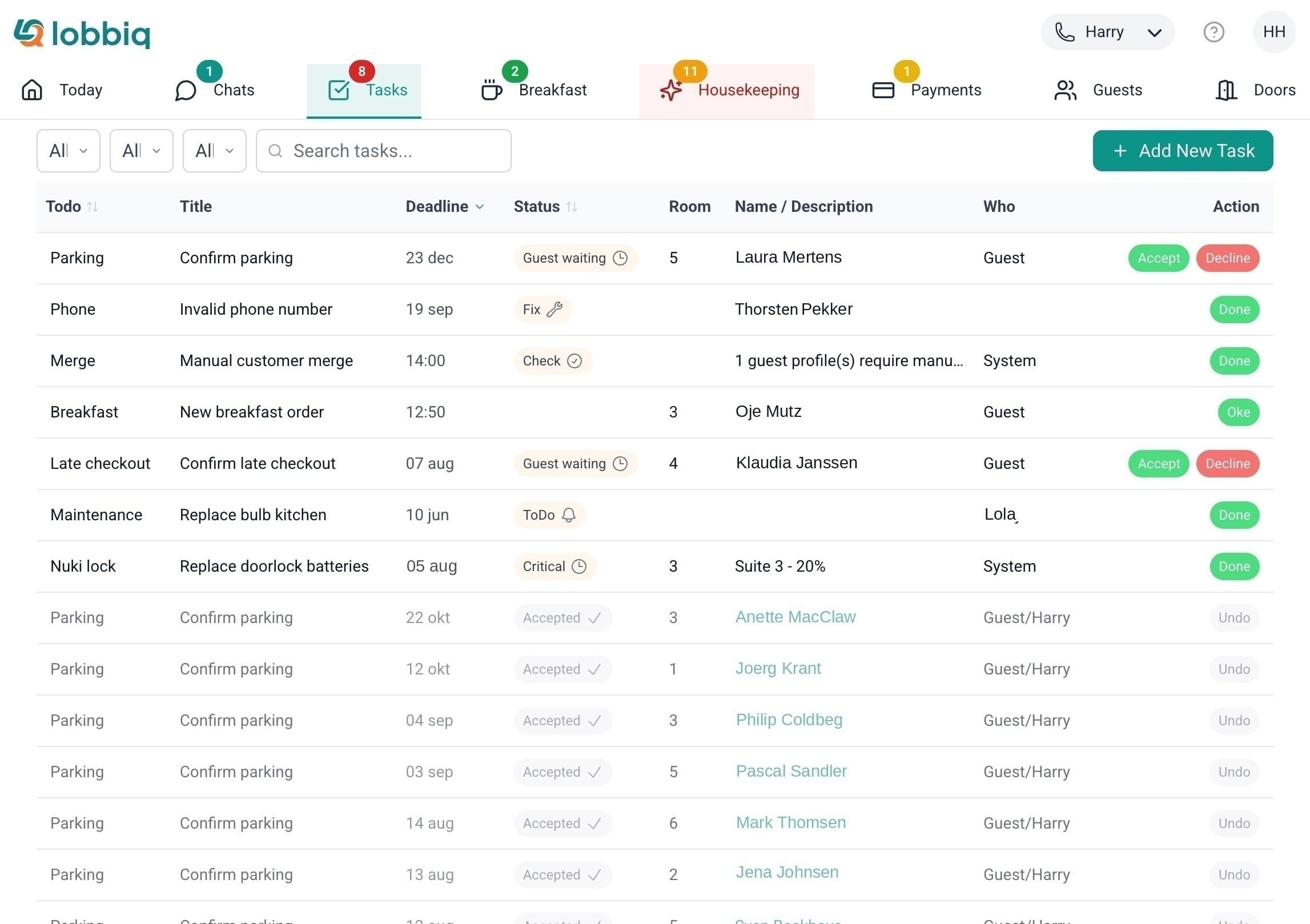 The Lobbiq task list: every row shows who created it — the guest, the system, or a member of staff — with Accept and Decline on the guest requests.