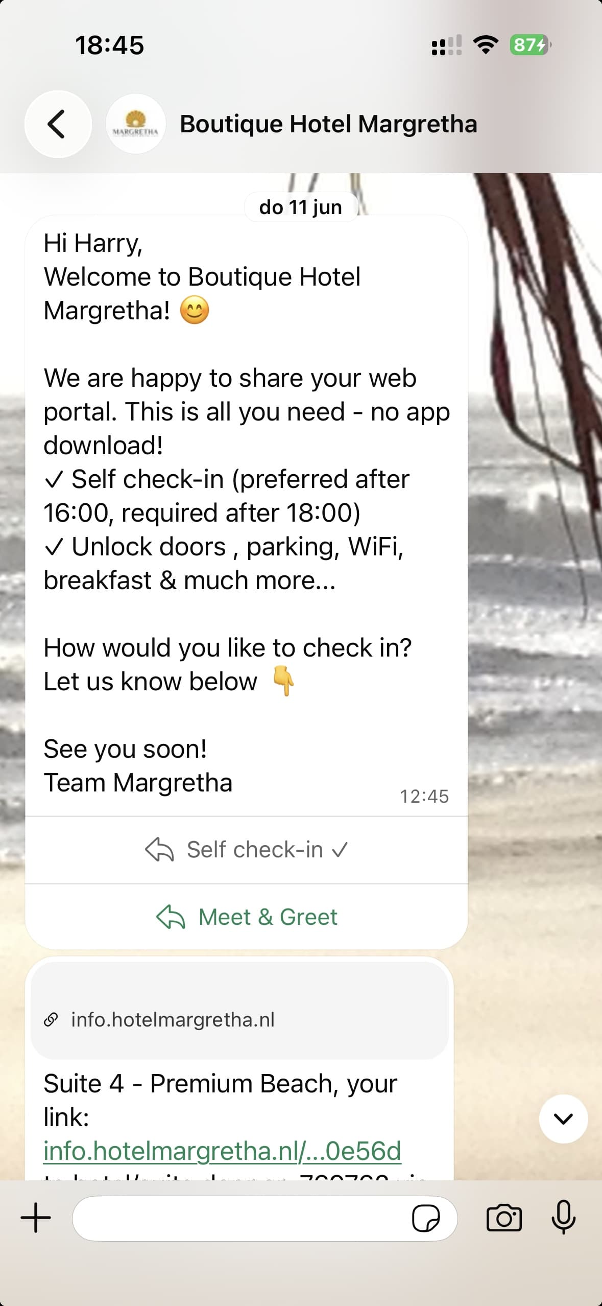 A welcome message from Boutique Hotel Margretha in WhatsApp, with the guest portal link and a choice between self check-in and being met in person.