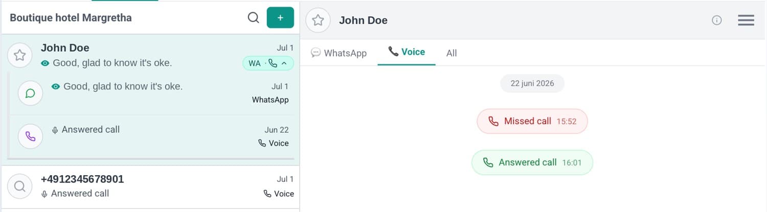 The Lobbiq inbox: a guest conversation with WhatsApp and Voice in one thread, and a missed call and an answered call shown in the Voice tab.