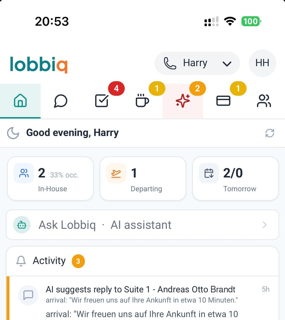 The same Today Dashboard on a phone, with arrival cards and the Ask Lobbiq panel answering a real question.